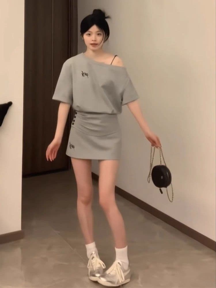 스포츠 슈트 여성 여름 루즈핏 패션 반팔 미니 스커트 품격 캐주얼 투피스 세트 상세 이미지 5