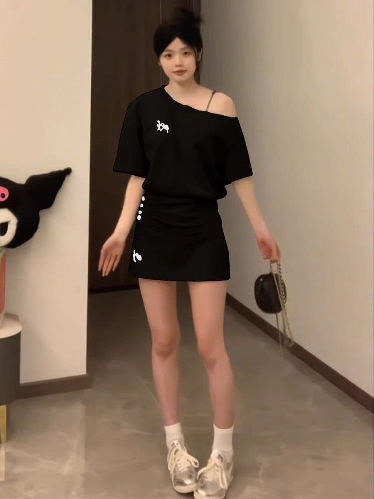 스포츠 슈트 여성 여름 루즈핏 패션 반팔 미니 스커트 품격 캐주얼 투피스 세트 상세 이미지 7