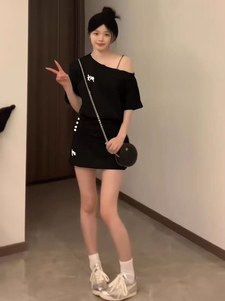 스포츠 슈트 여성 여름 루즈핏 패션 반팔 미니 스커트 품격 캐주얼 투피스 세트 상세 이미지 8