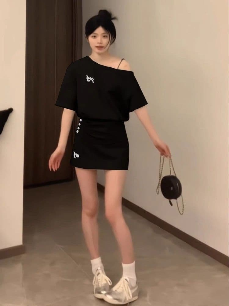 스포츠 슈트 여성 여름 루즈핏 패션 반팔 미니 스커트 품격 캐주얼 투피스 세트 상세 이미지 9