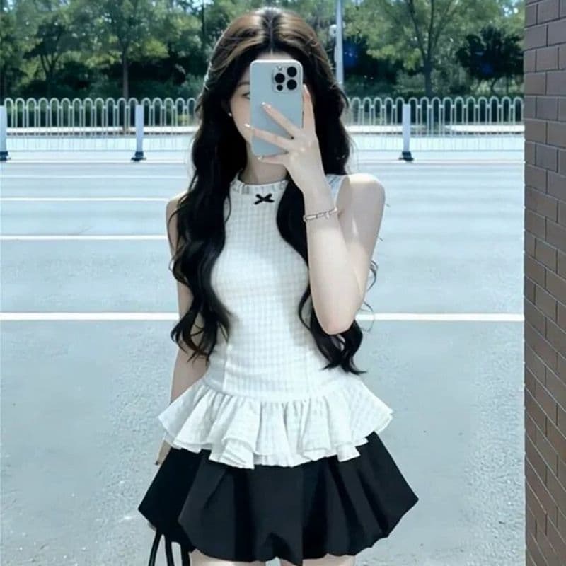 원본 것 한 부서 천 골드 품격 민소매 허리 수축 맨위 전체 집합 꽃밭 투피스 조끼 미니 스커트 세트 이미지 4