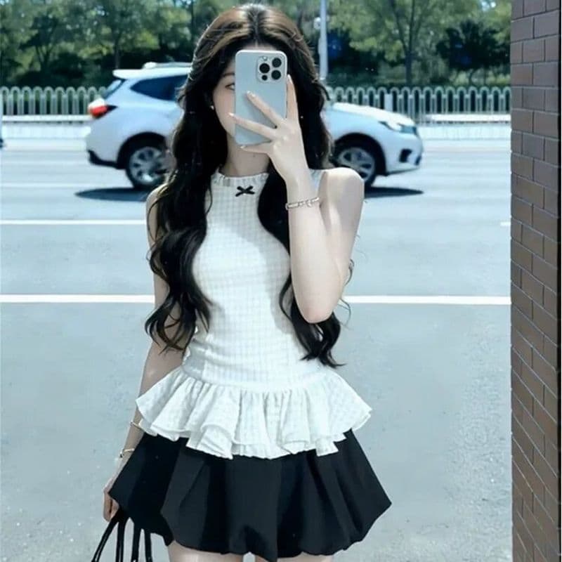 원본 것 한 부서 천 골드 품격 민소매 허리 수축 맨위 전체 집합 꽃밭 투피스 조끼 미니 스커트 세트 상세 이미지 3