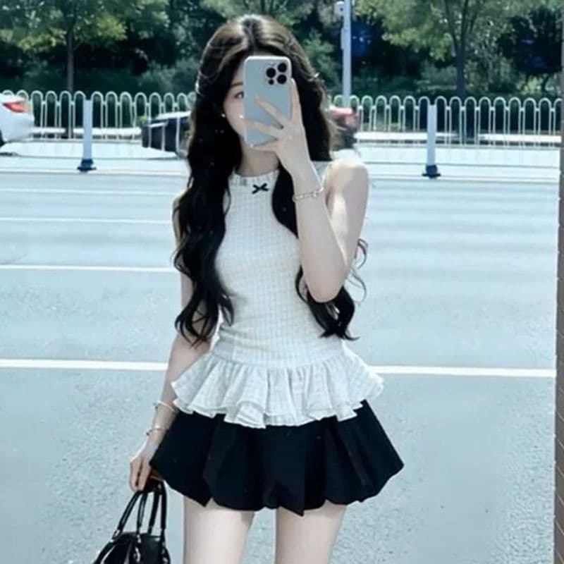 원본 것 한 부서 천 골드 품격 민소매 허리 수축 맨위 전체 집합 꽃밭 투피스 조끼 미니 스커트 세트 상세 이미지 5