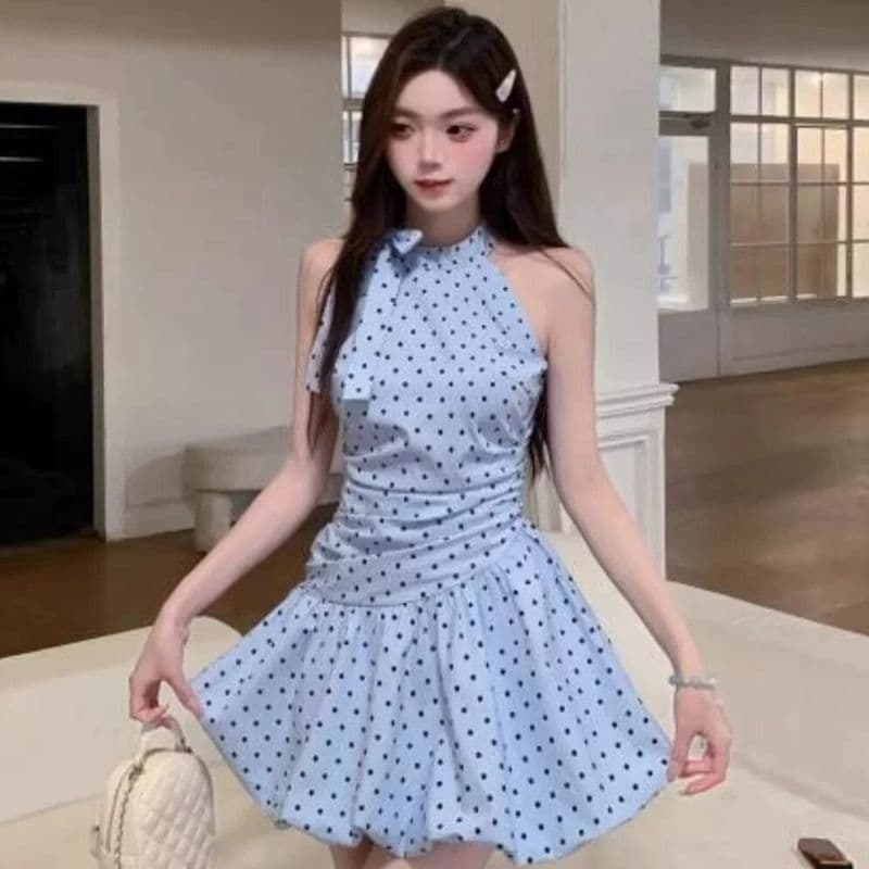 원본 것 있음 네리 파란색 도트 무늬 스트랩 행침 목 드레스 해변가 휴가 핫걸 허리 수축 꽃밭 미니 스커트 상세 이미지 1