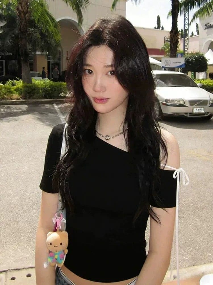 40 순면 아메리칸 핫걸 비스듬한 어깨 반팔 티셔츠 여성 여름 섹시함 스트랩 허리 수축 슬림해 보이는 오프숄더 쇼트 스타일 맨위 상세 이미지 1