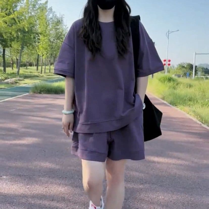 빅 사이즈 여름 새로운 캐주얼 패션 세트 루즈핏 표지 고기 연령 감소 반팔 반바지 투피스 세트 이미지 2