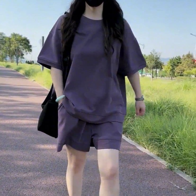 빅 사이즈 여름 새로운 캐주얼 패션 세트 루즈핏 표지 고기 연령 감소 반팔 반바지 투피스 세트 이미지 3