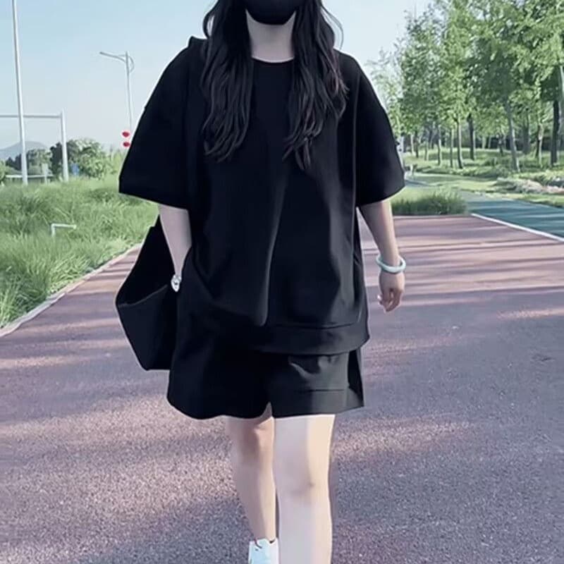 빅 사이즈 여름 새로운 캐주얼 패션 세트 루즈핏 표지 고기 연령 감소 반팔 반바지 투피스 세트 이미지 5
