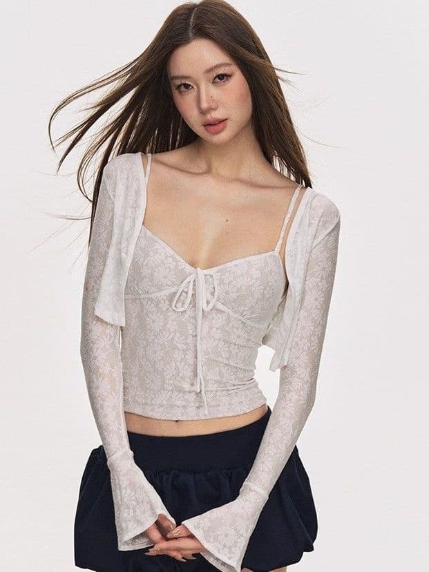 핫걸 바람 레이스 오픈 가디건 슬립 자카드 레이스 여성 새로운 미니멀리즘 품격 몸매 가꾸기 긴팔 순수한 욕망 맨위 상세 이미지 1
