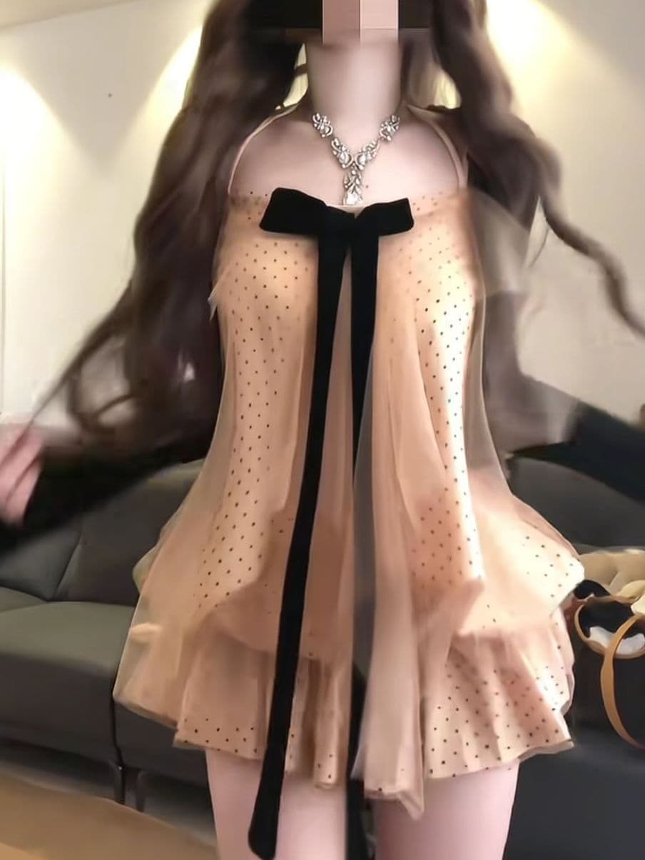 달콤함 순수한 욕망 바람 나비 매듭 도트 무늬 슬립 오픈 가디건 실 인터넷 케이크 드레스 여성 여름 슬림해 보이는 꽃밭 미니 스커트 세트 상세 이미지 7