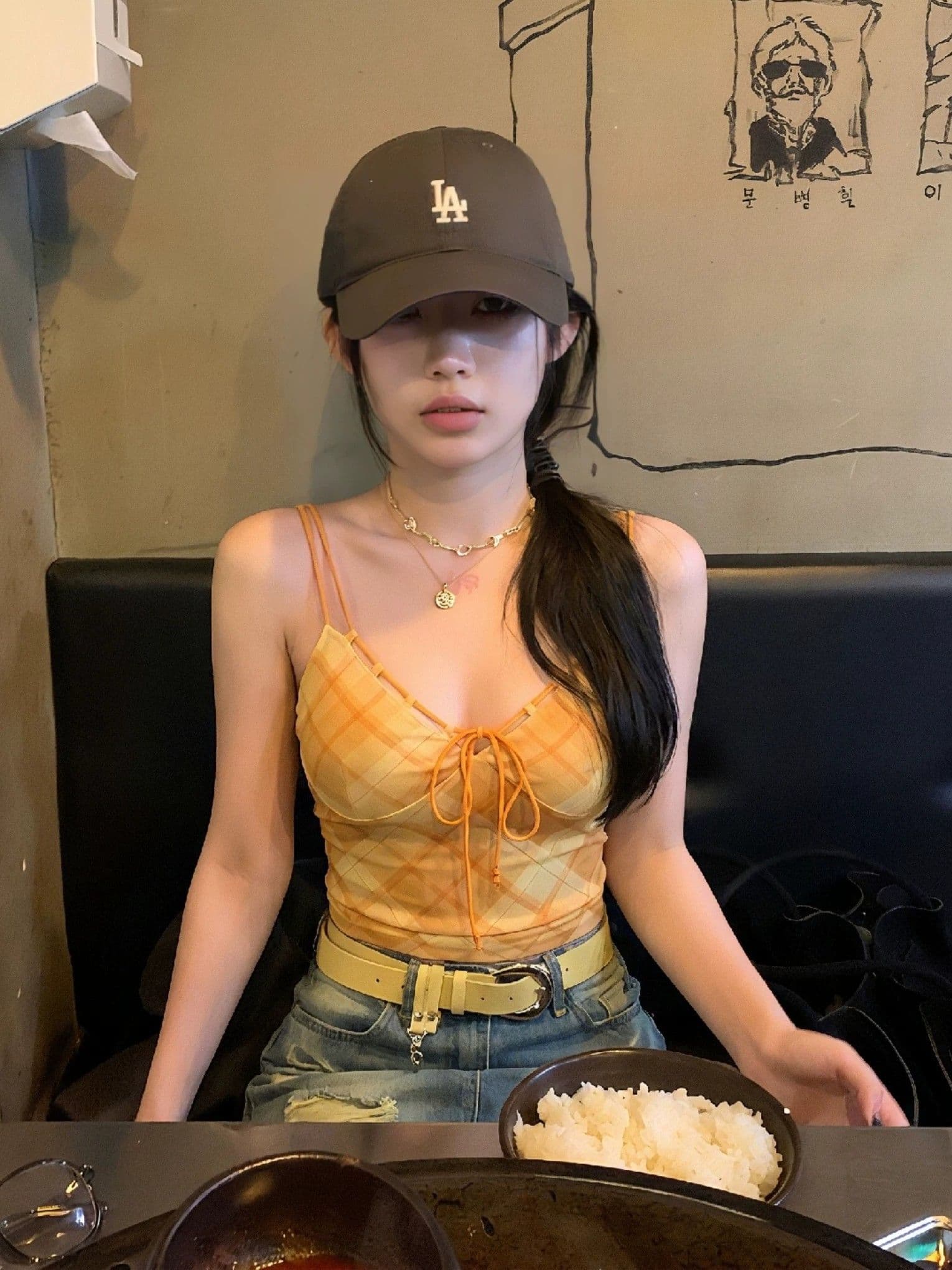 메시 원단 안감 주황색 체크무늬 캐미솔 여름 레이스업 허리 수축 핫걸 착용 가져 가라. 아름다운 ins 맨위 이미지 4