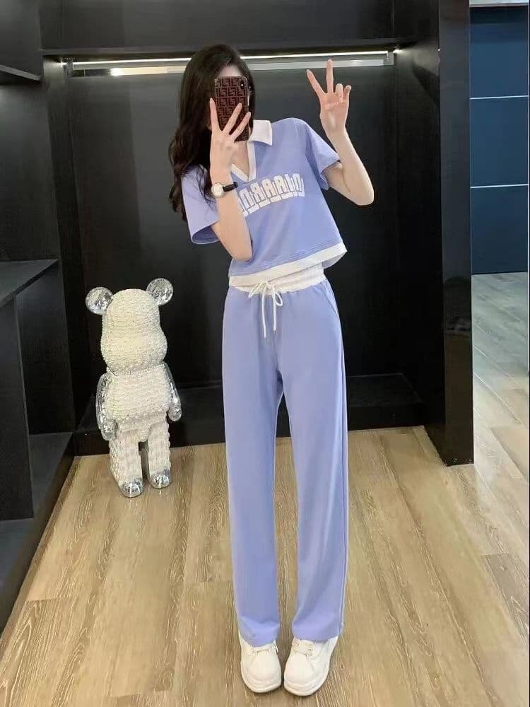 패션 운동복 세트 여성 여름 캐주얼 외국 가스 연령 감소 V넥 반팔 티셔츠 와이드 레그 팬츠 투피스 세트 이미지 4