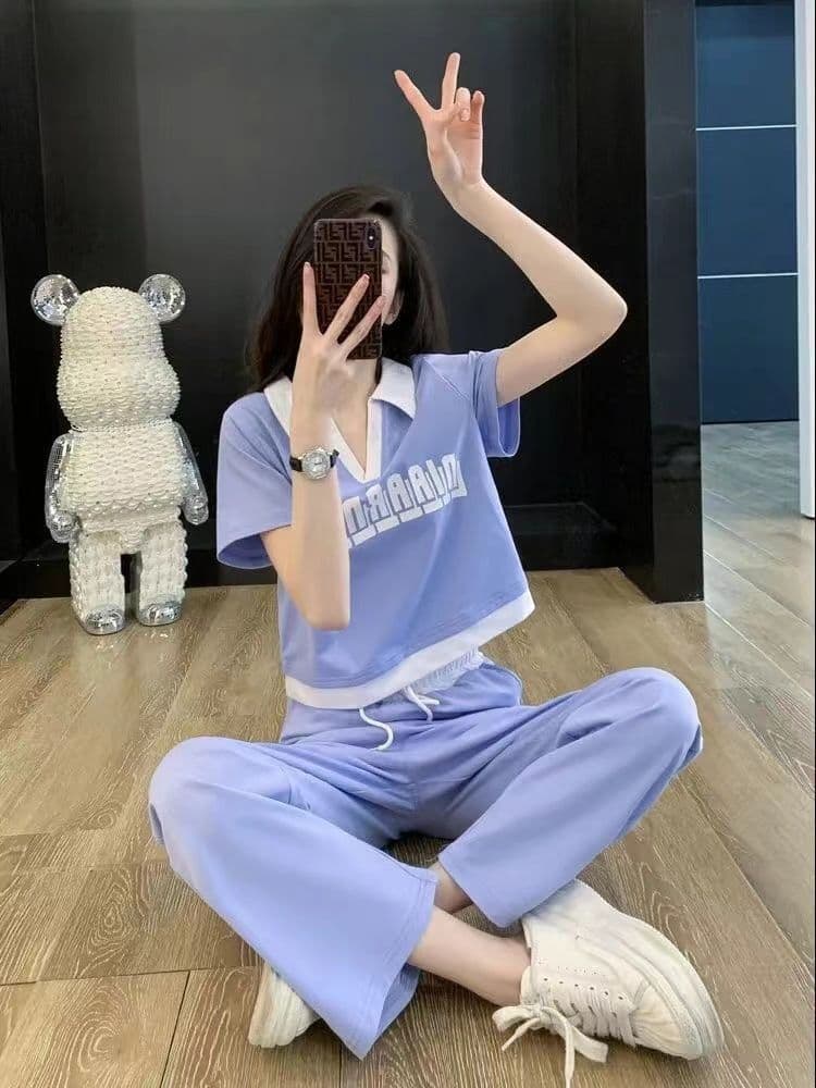 패션 운동복 세트 여성 여름 캐주얼 외국 가스 연령 감소 V넥 반팔 티셔츠 와이드 레그 팬츠 투피스 세트
