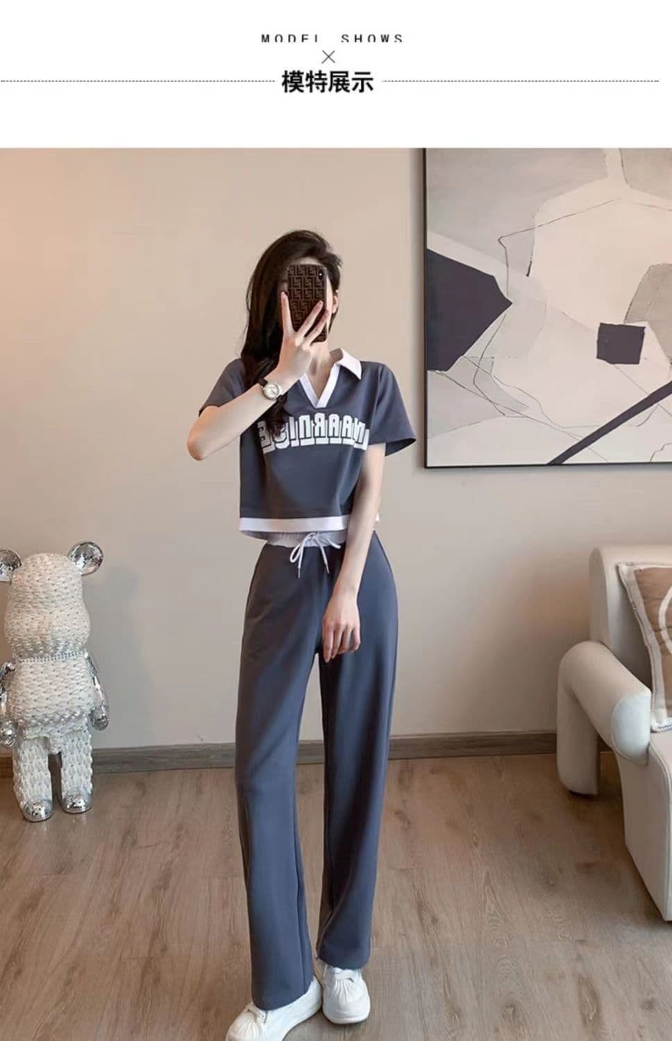 패션 운동복 세트 여성 여름 캐주얼 외국 가스 연령 감소 V넥 반팔 티셔츠 와이드 레그 팬츠 투피스 세트 상세 이미지 3