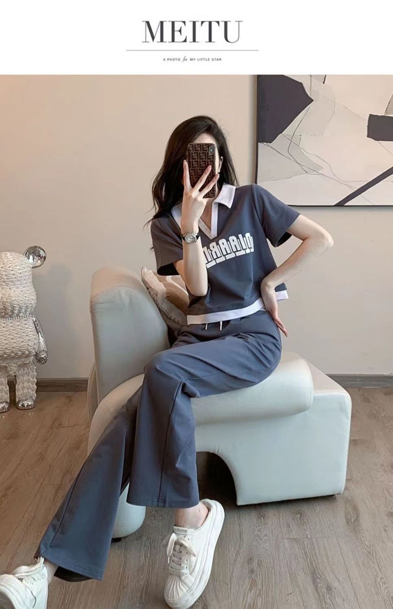 패션 운동복 세트 여성 여름 캐주얼 외국 가스 연령 감소 V넥 반팔 티셔츠 와이드 레그 팬츠 투피스 세트 상세 이미지 4
