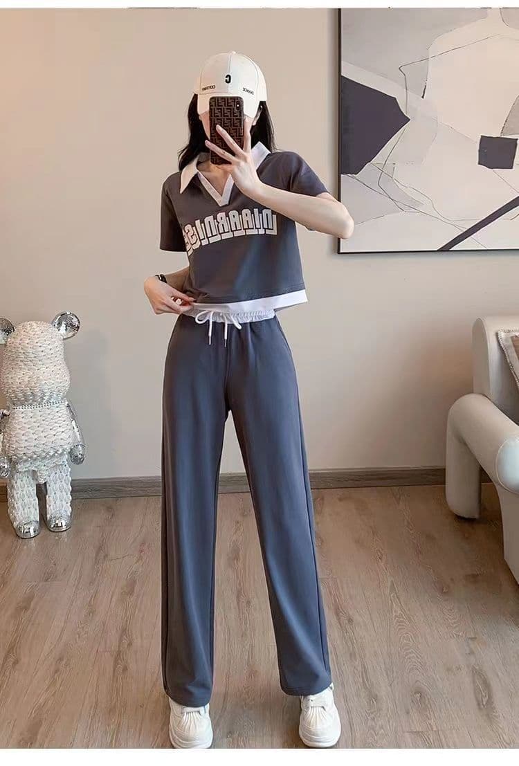 패션 운동복 세트 여성 여름 캐주얼 외국 가스 연령 감소 V넥 반팔 티셔츠 와이드 레그 팬츠 투피스 세트 상세 이미지 9