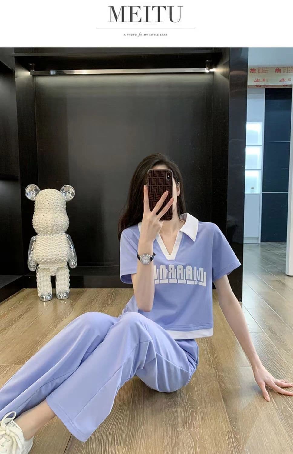 패션 운동복 세트 여성 여름 캐주얼 외국 가스 연령 감소 V넥 반팔 티셔츠 와이드 레그 팬츠 투피스 세트 상세 이미지 11