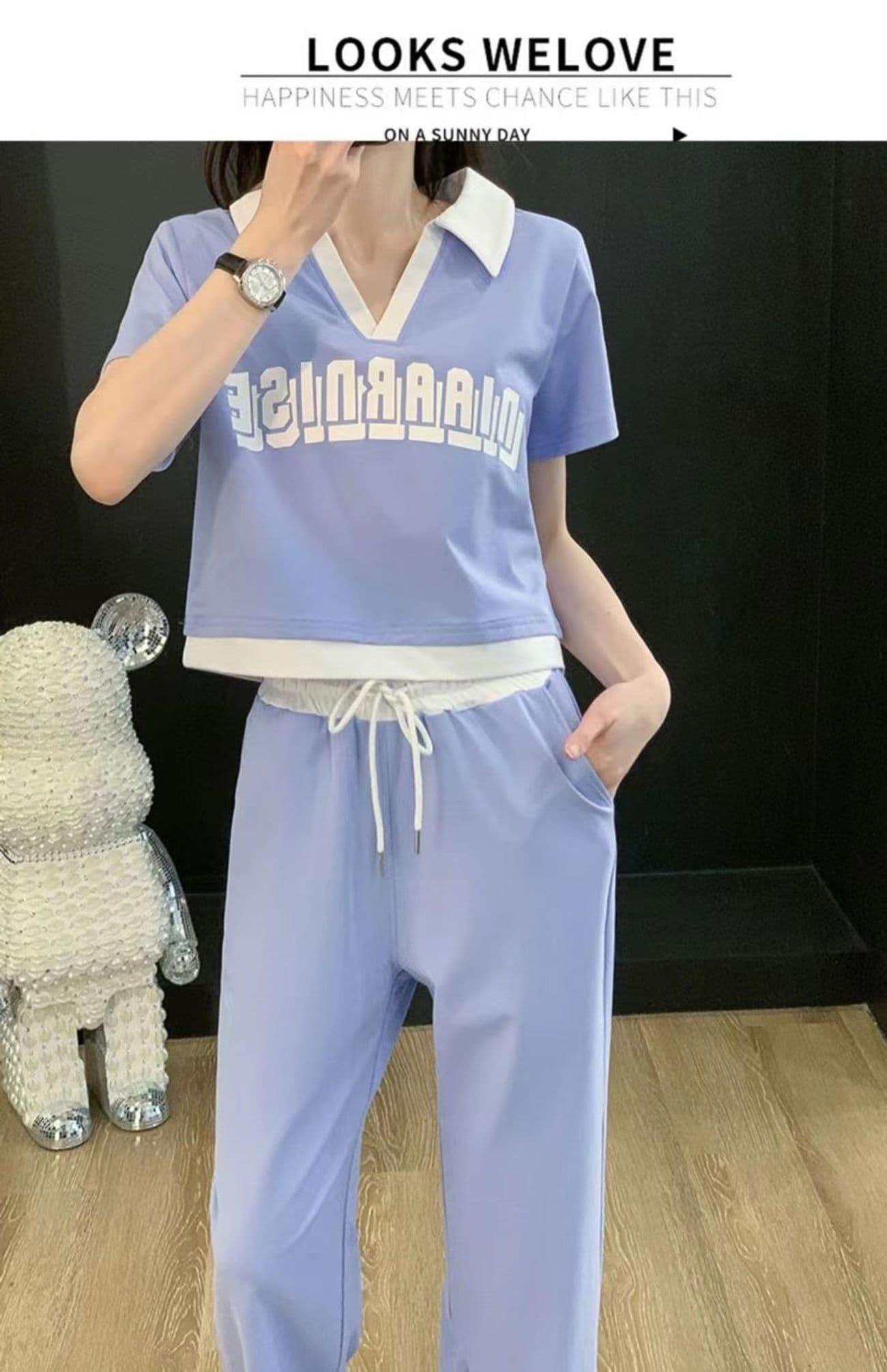 패션 운동복 세트 여성 여름 캐주얼 외국 가스 연령 감소 V넥 반팔 티셔츠 와이드 레그 팬츠 투피스 세트 상세 이미지 14