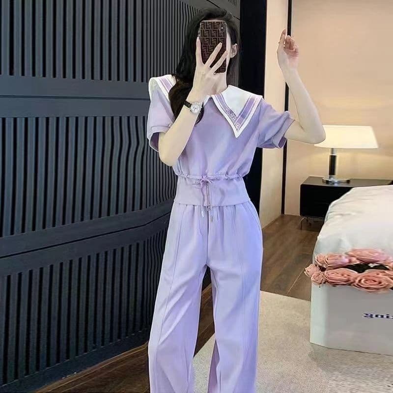 패션 캐주얼 세트 여성 2026 여름 새로운 슬림해 보이는 품격 연령 감소 맨위 와이드 레그 팬츠 투피스 세트