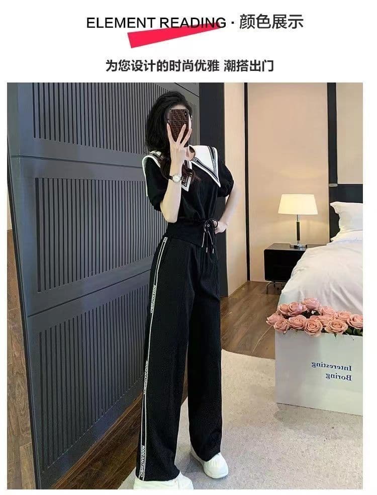 패션 캐주얼 세트 여성 2026 여름 새로운 슬림해 보이는 품격 연령 감소 맨위 와이드 레그 팬츠 투피스 세트 상세 이미지 5