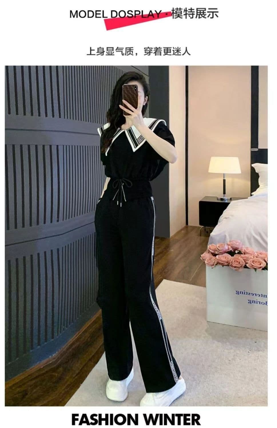 패션 캐주얼 세트 여성 2026 여름 새로운 슬림해 보이는 품격 연령 감소 맨위 와이드 레그 팬츠 투피스 세트 상세 이미지 6