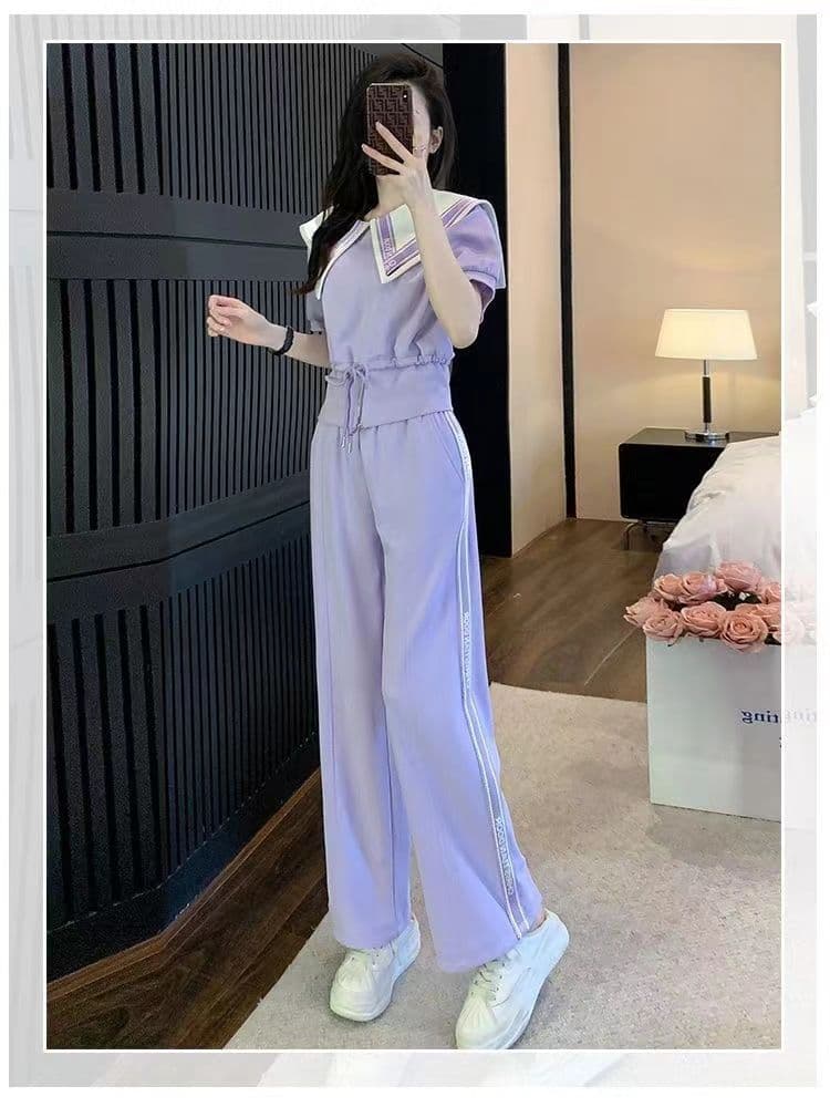 패션 캐주얼 세트 여성 2026 여름 새로운 슬림해 보이는 품격 연령 감소 맨위 와이드 레그 팬츠 투피스 세트 상세 이미지 11