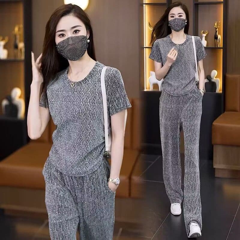 캐주얼 세트 여성 여름 새로운 루즈핏 패션 광택 실 슬림해 보이는 반팔 와이드 레그 팬츠 투피스 세트