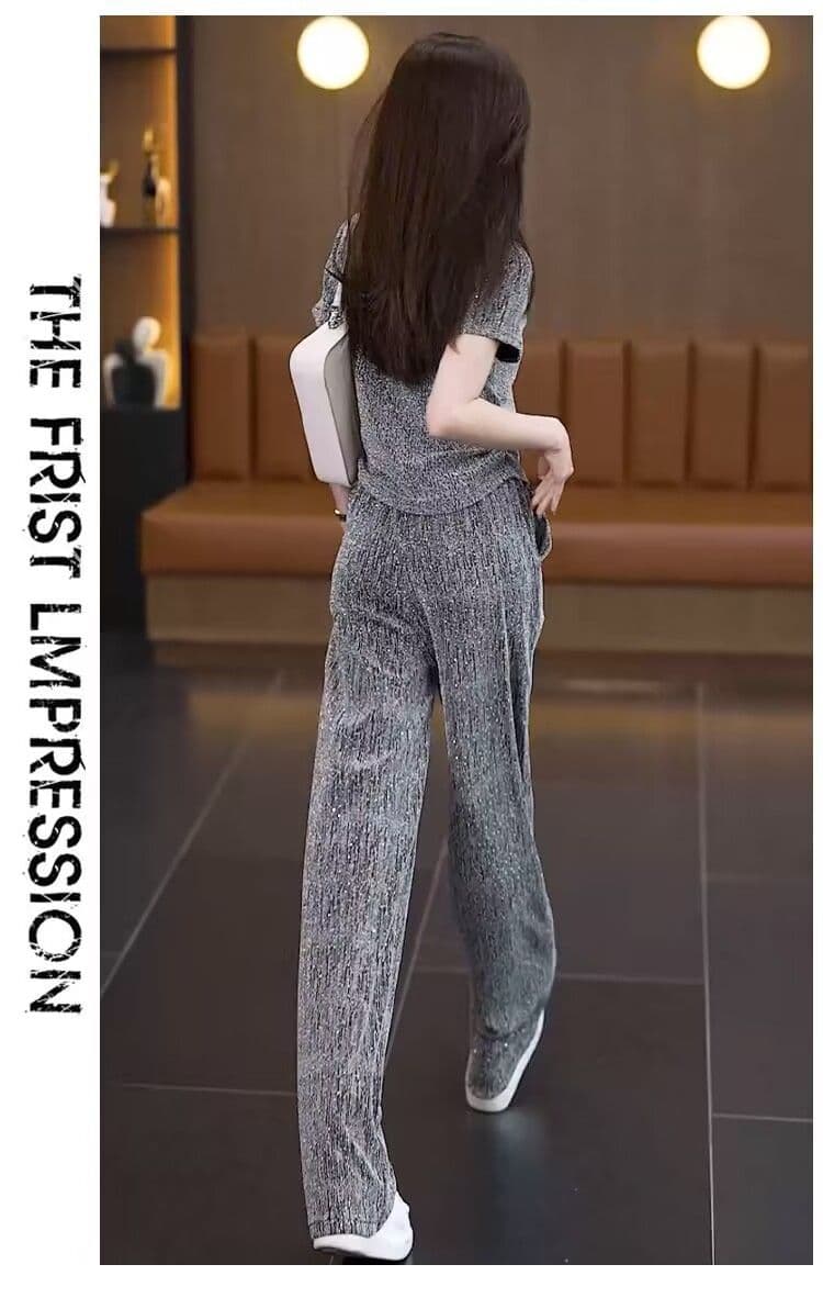 캐주얼 세트 여성 여름 새로운 루즈핏 패션 광택 실 슬림해 보이는 반팔 와이드 레그 팬츠 투피스 세트 상세 이미지 19