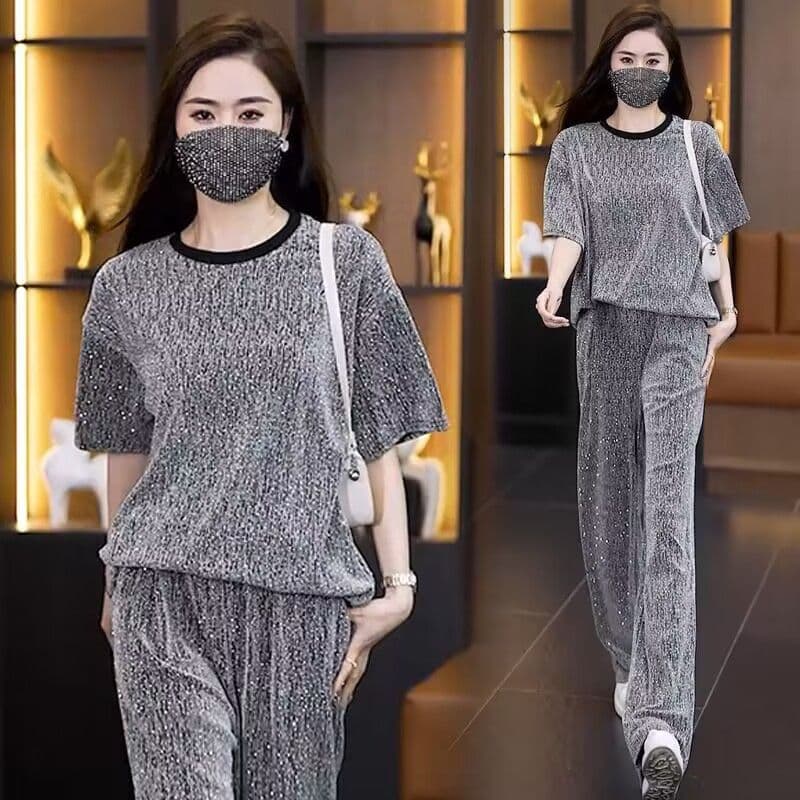 패션 고급 센스 세트 여성 여름 새로운 루즈핏 반팔 와이드 레그 팬츠 캐주얼 투피스 세트