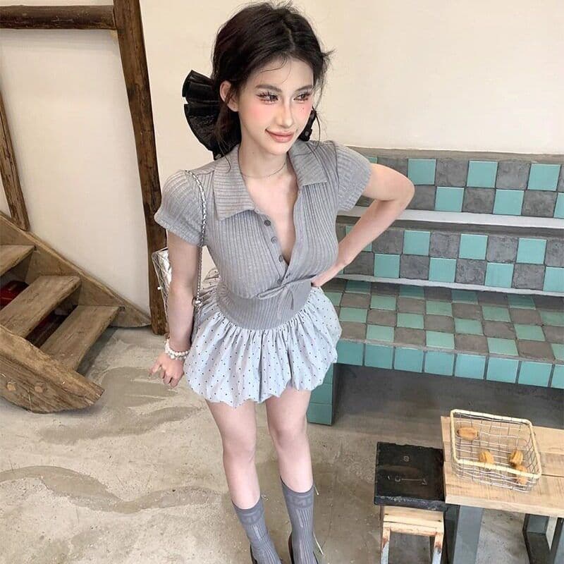나비 매듭 POLO 칼라 반팔 여성 드레스 여름 순수한 욕망 회색 패치워크 퍼프 치마 상세 이미지 6