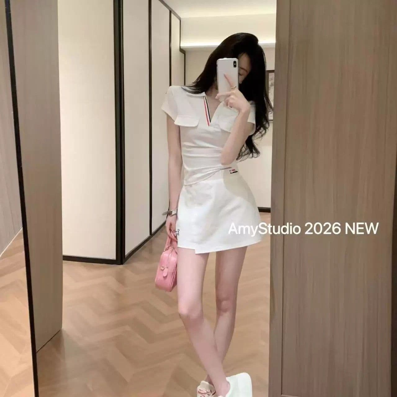 2026 여름 새로운 캐주얼 운동 연령 감소 다용도 polov 칼라 반팔 티셔츠 미니 스커트 세트 여성 이미지 3