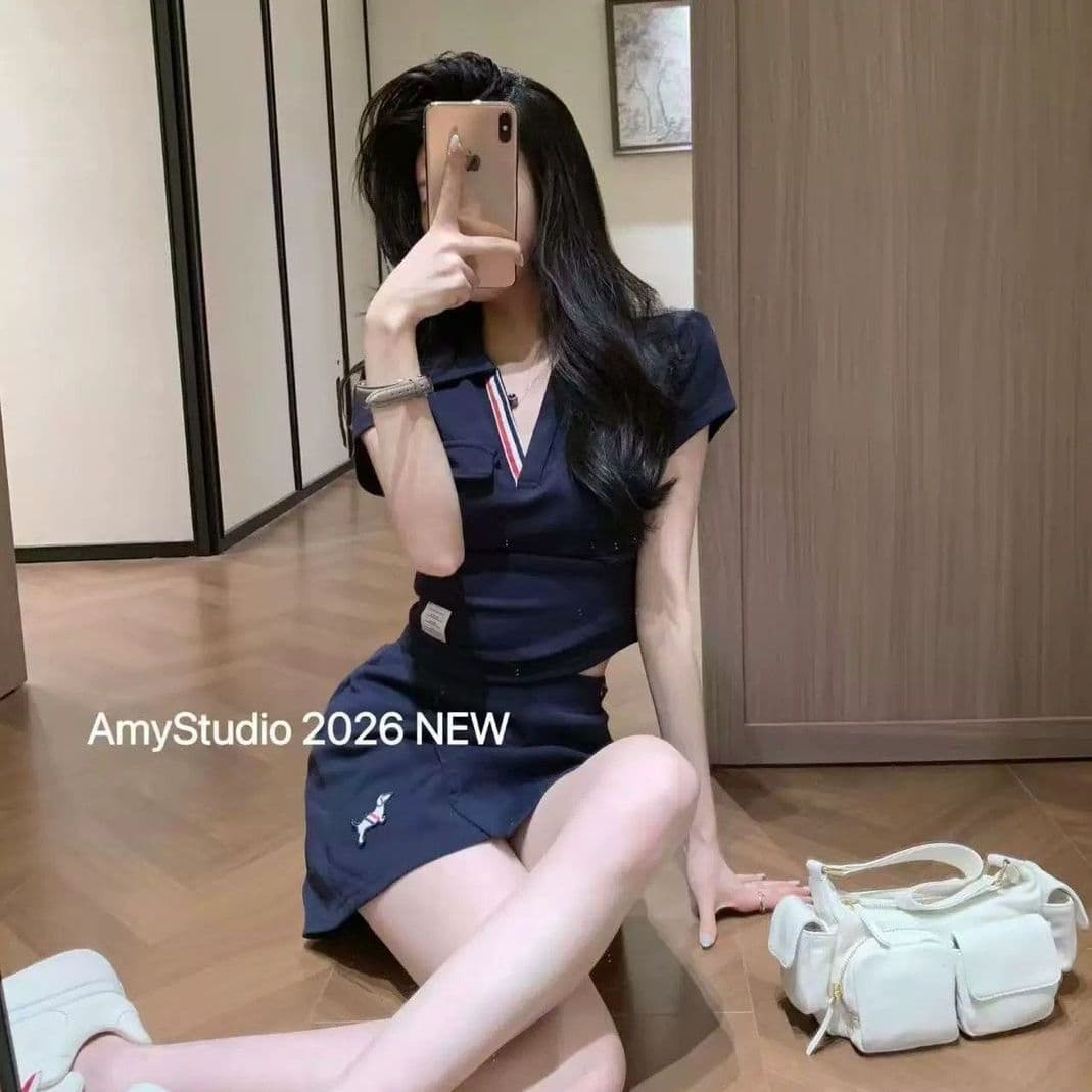 2026 여름 새로운 캐주얼 운동 연령 감소 다용도 polov 칼라 반팔 티셔츠 미니 스커트 세트 여성 상세 이미지 1
