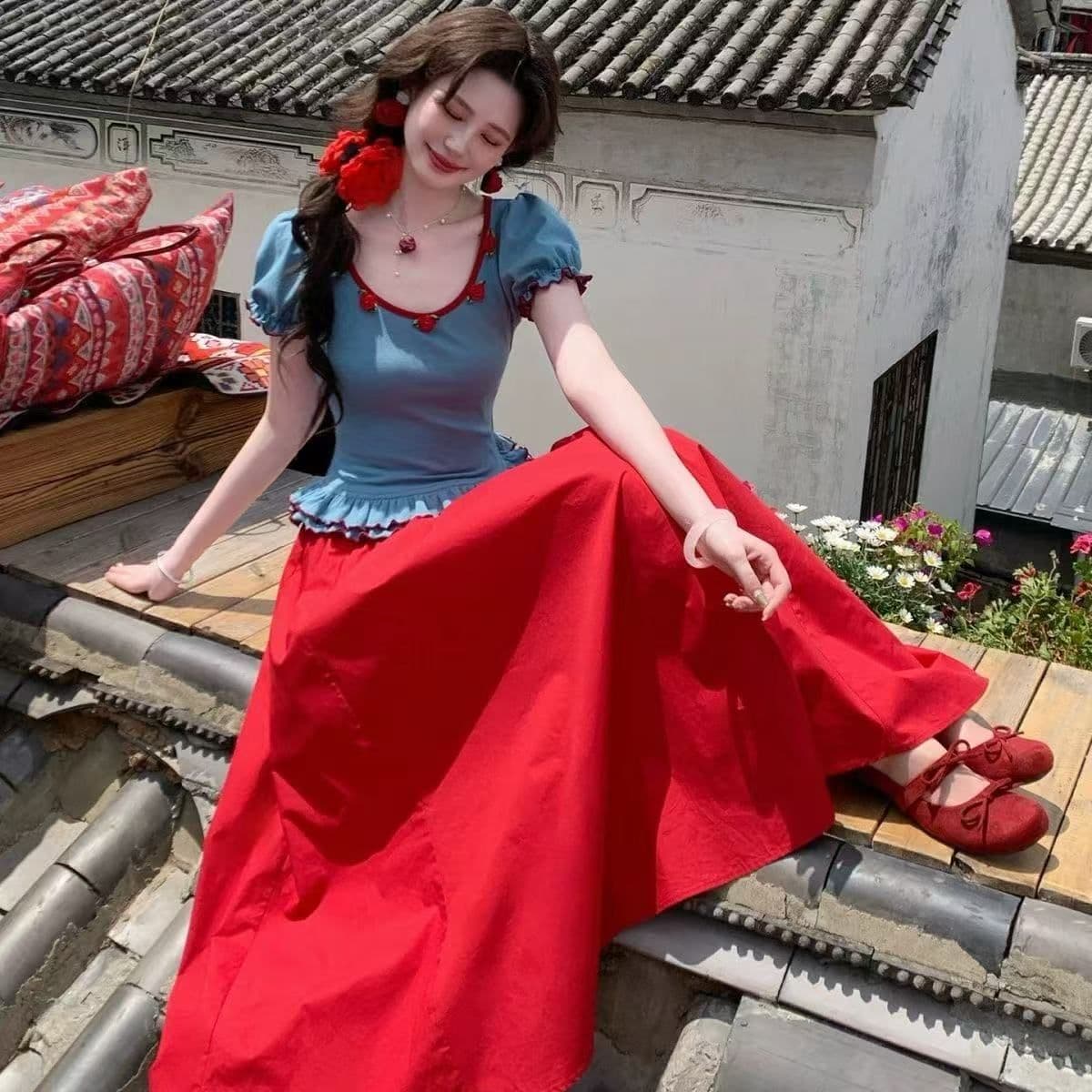 프랑스식 레트로 디자인 센스 배색 라운드 넥 거품 소매 연꽃 잎 밑단 맨위 여성 2026 여름 새로운 투피스 세트 이미지 2