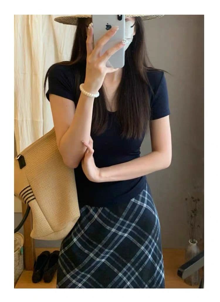 파란색 쉬폰 체크무늬 타이트 스커트 인어 꼬리 스커트 여성 여름 2026 새로운 하이웨이스트 슬림해 보이는 한 마디 품격 반신 롱 스커트 상세 이미지 5