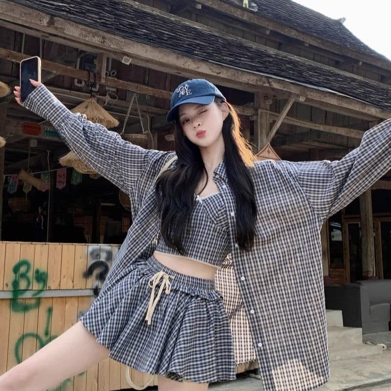 한 부서 착용 가져 가라. 섹시함 격자 무늬 셔츠 슬립 맨위 반바지 느긋한 바람 3종 세트 여성 의류 2026 봄 여름 새로운