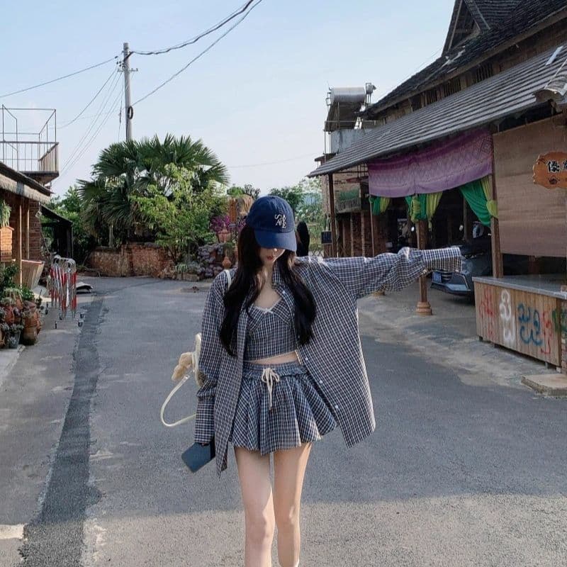 한 부서 착용 가져 가라. 섹시함 격자 무늬 셔츠 슬립 맨위 반바지 느긋한 바람 3종 세트 여성 의류 2026 봄 여름 새로운 상세 이미지 4