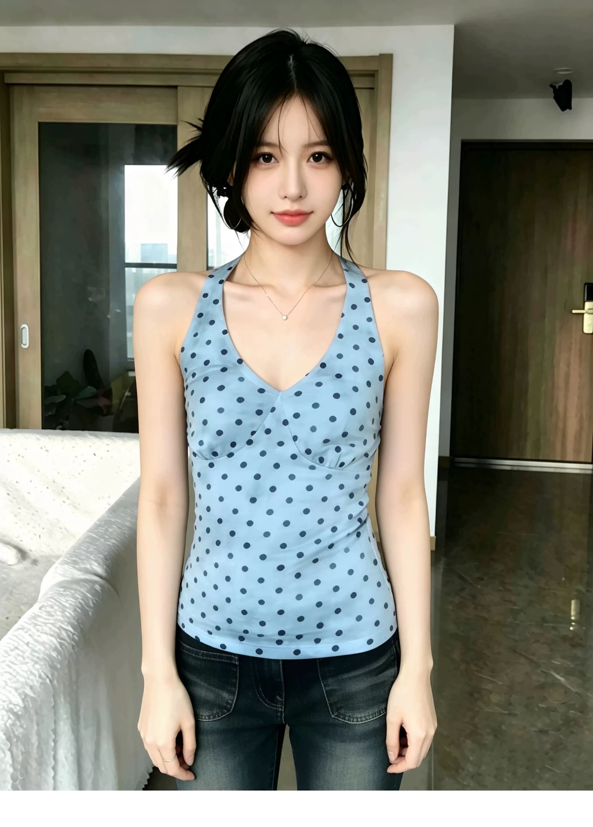 파란색 도트 무늬 V넥 행침 목 캐미솔 2026 여름 새로운 아메리칸 핫걸 바람 몸매 가꾸기 민소매 맨위 이미지 3