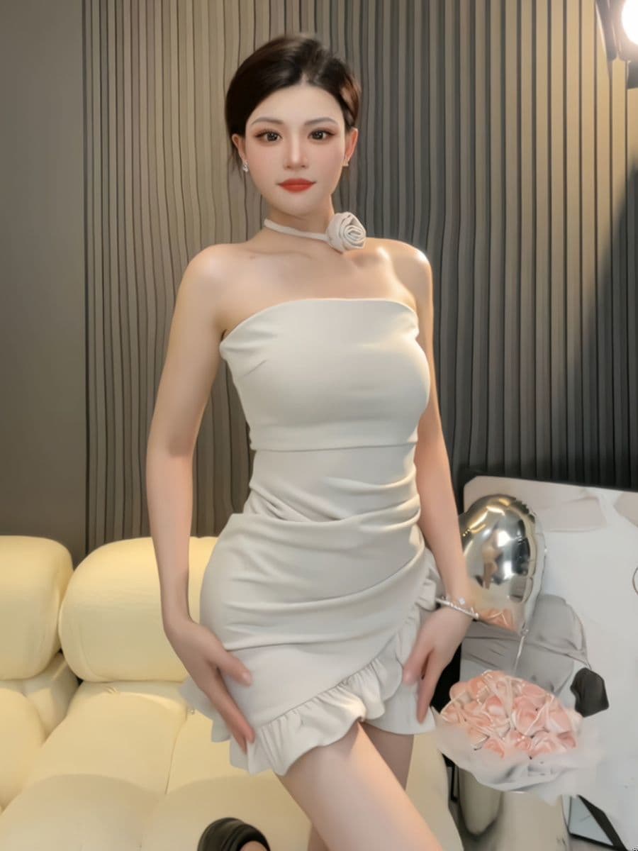 여름 새로운 순수한 욕망 오프숄더 튜브탑 여성 드레스 작은 키 프릴 불규칙 몸매 가꾸기 바지 스커트