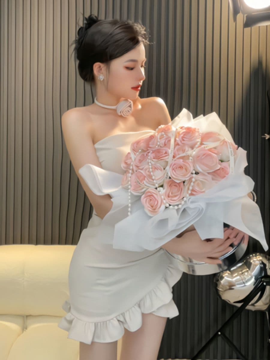 여름 새로운 순수한 욕망 오프숄더 튜브탑 여성 드레스 작은 키 프릴 불규칙 몸매 가꾸기 바지 스커트 이미지 3