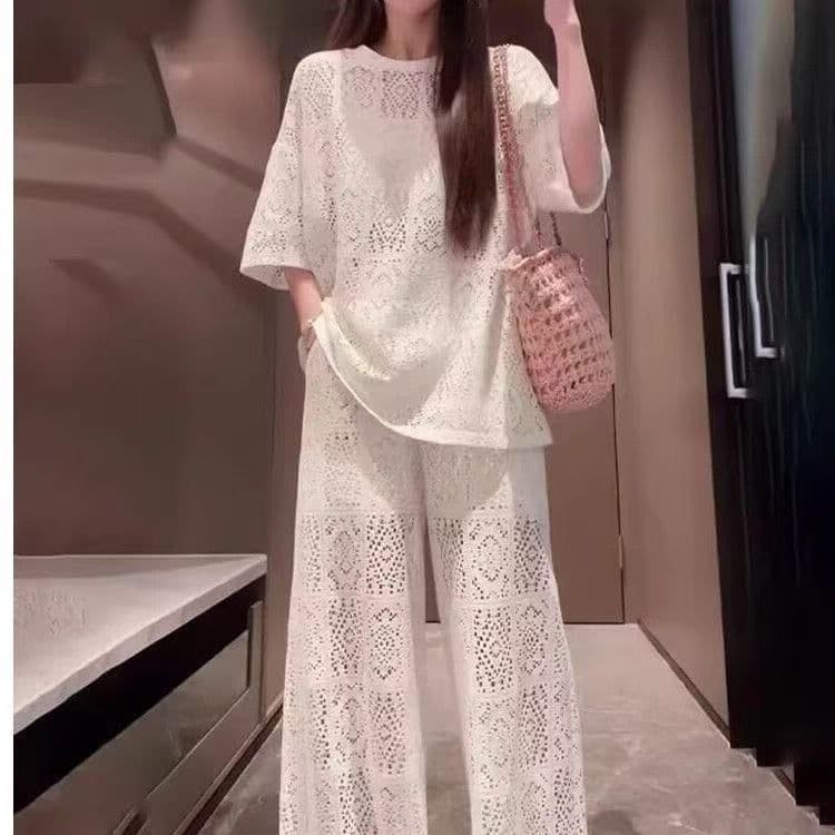 원본 원단 솜씨 바지 있음 네리 여름 새로운 홀로우 아웃 반팔 캐주얼 와이드 레그 팬츠 두 조각 여성 세트 이미지 2