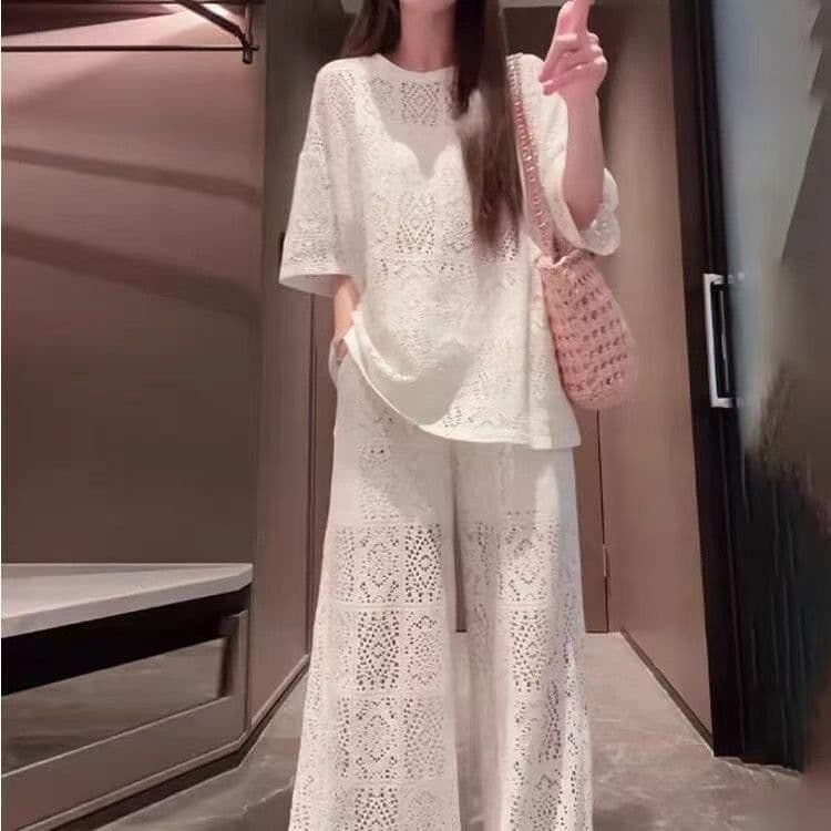 원본 원단 솜씨 바지 있음 네리 여름 새로운 홀로우 아웃 반팔 캐주얼 와이드 레그 팬츠 두 조각 여성 세트 이미지 3