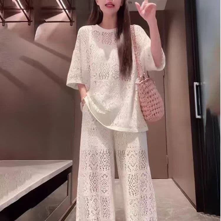 원본 원단 솜씨 바지 있음 네리 여름 새로운 홀로우 아웃 반팔 캐주얼 와이드 레그 팬츠 두 조각 여성 세트 상세 이미지 4