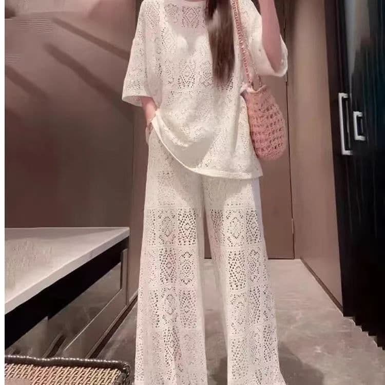 원본 원단 솜씨 바지 있음 네리 여름 새로운 홀로우 아웃 반팔 캐주얼 와이드 레그 팬츠 두 조각 여성 세트 상세 이미지 9