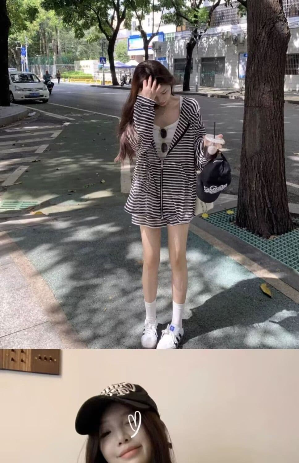 패션 캐주얼 루즈핏 스트라이프 세트 여자 학생 봄 여름 가을 캐미솔 후드 재킷 반바지 3종 세트 상세 이미지 6