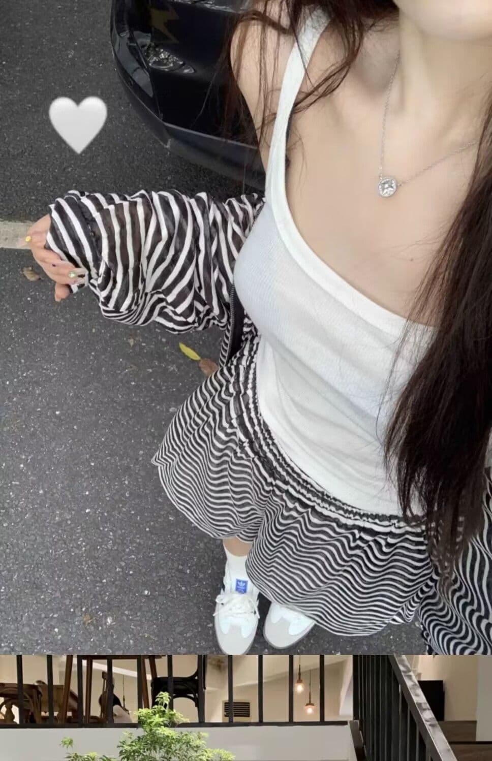 패션 캐주얼 루즈핏 스트라이프 세트 여자 학생 봄 여름 가을 캐미솔 후드 재킷 반바지 3종 세트 상세 이미지 9