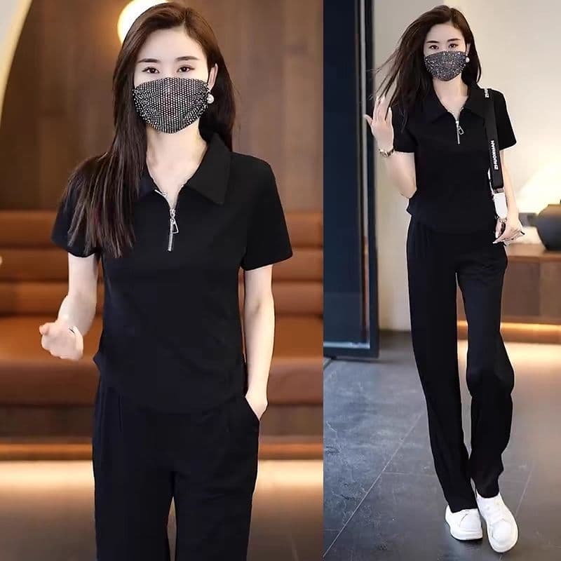 패션 운동복 세트 여성 2026 여름 새로운 외국 가스 연령 감소 캐주얼 와이드 레그 팬츠 투피스 세트