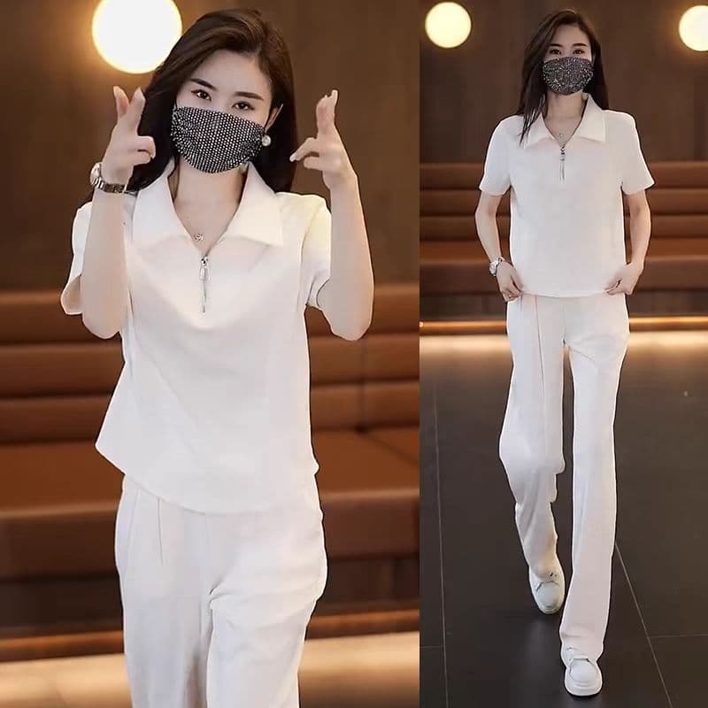 패션 운동복 세트 여성 2026 여름 새로운 외국 가스 연령 감소 캐주얼 와이드 레그 팬츠 투피스 세트 이미지 2