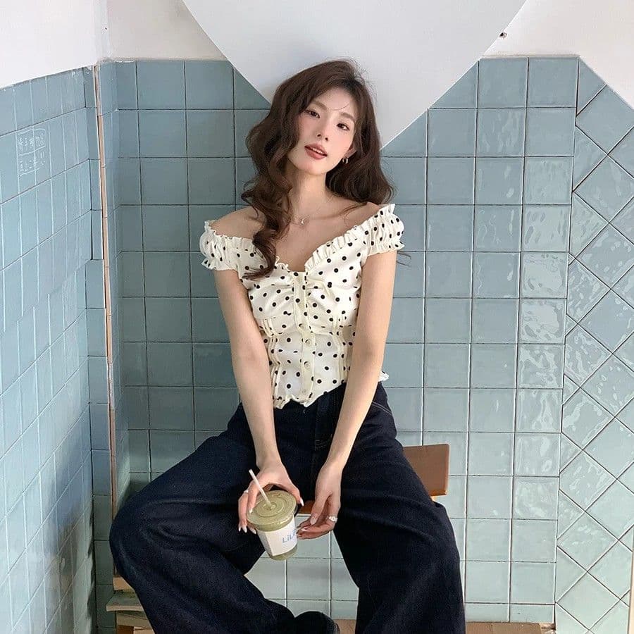 pmiyc 여름 신제품 프랑스식 레트로 도트 무늬 맨위 반팔 여자 레이스 슬림해 보이는 연령 감소 품격 셔츠 상세 이미지 4