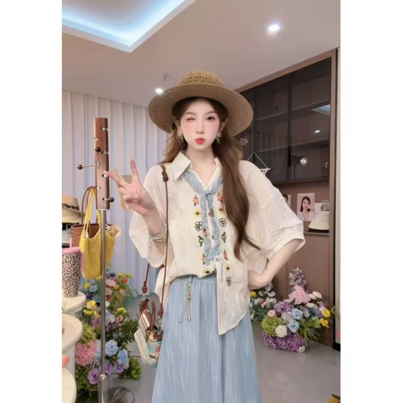 여름 켜기 새로운 학원 스타일 세트 여성 연령 감소 한 부서 슬림해 보이는 맨위 코디 캐주얼 하이웨이스트 치마바지 투피스 세트