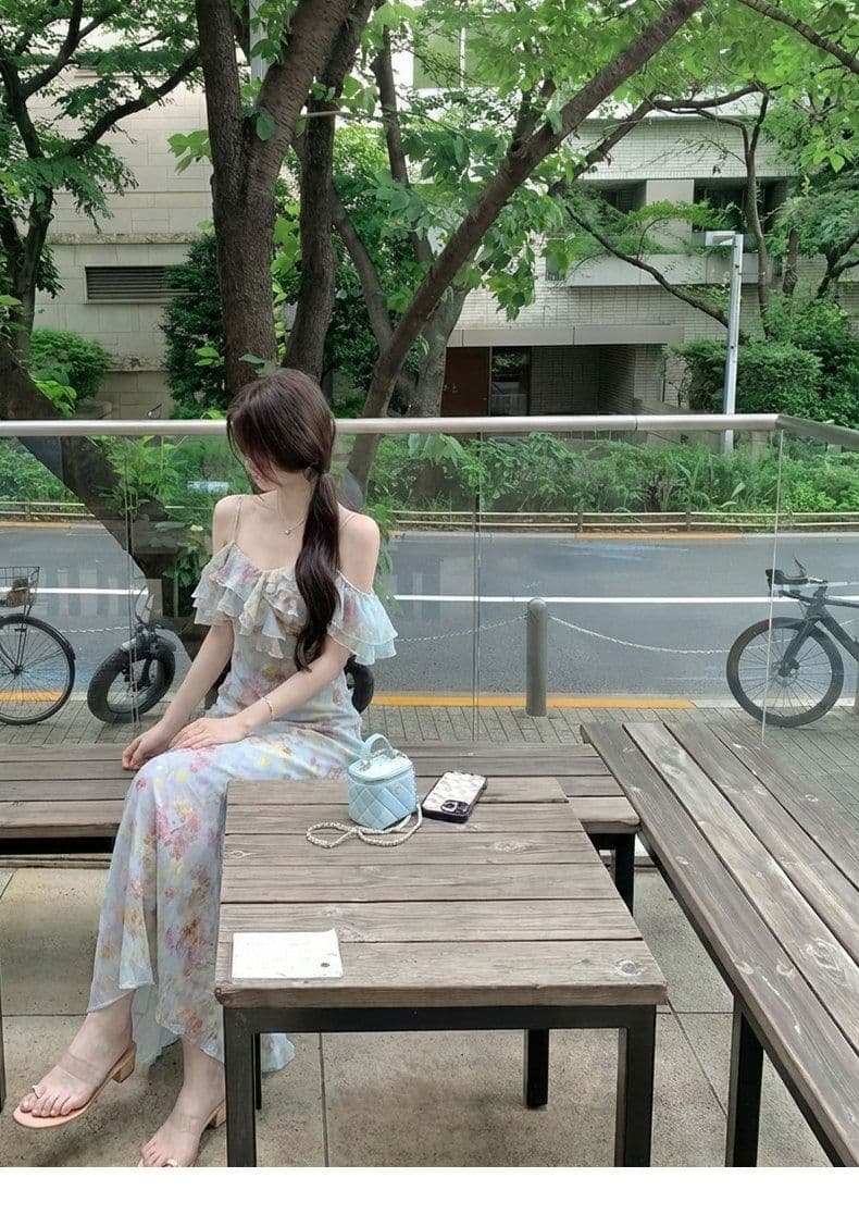 2026 새로운 프랑스식 프릴 오프숄더 슬립 드레스 아이들 여름 휴가 바람 허리 수축 꽃무늬 롱 스커트 상세 이미지 4